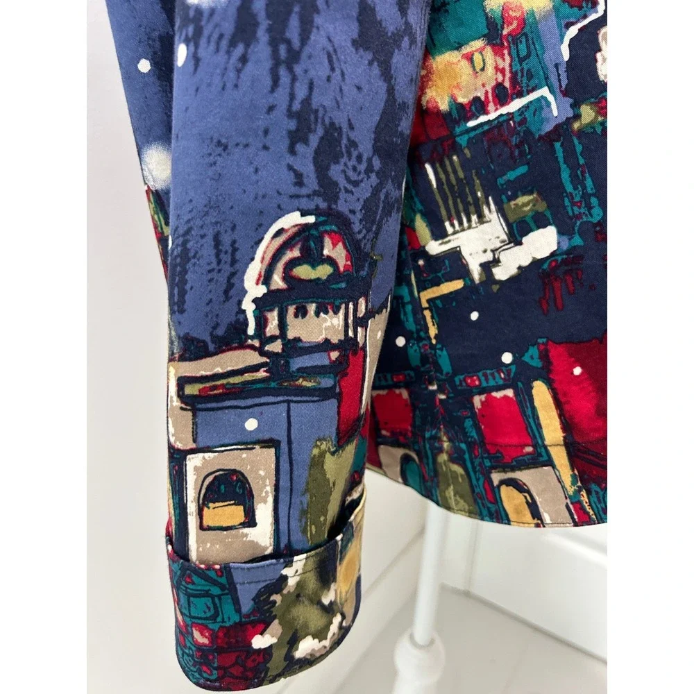 Christopher & Banks Blue Cityscape Print Cotton Button Front Jacket Womens XL